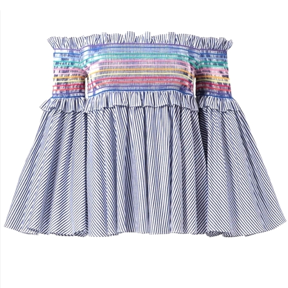 Petersyn Blue Colorful striped  Davenport Sz . M Crop‎ top w Bell Sleeve - Picture 1 of 12